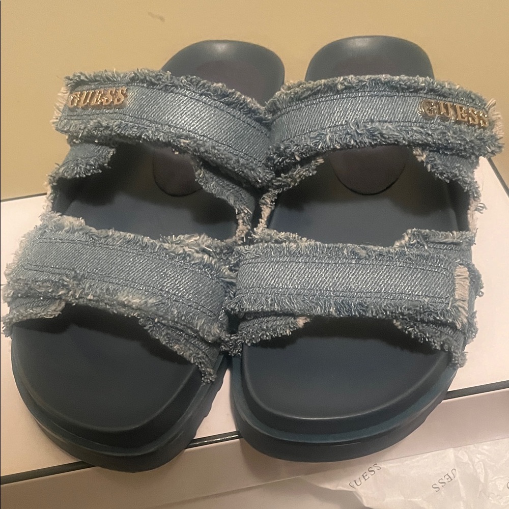 Guess Frayed Denim Slide Sandals